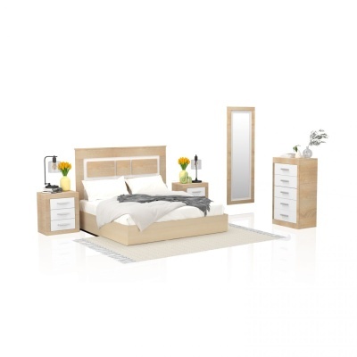 Conjunto de quarto com cama, mesas de cabeceira, cómodas, espelho e decoração em madeira clara e branco