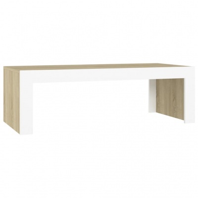 Mesa de centro retangular em madeira clara com detalhes brancos