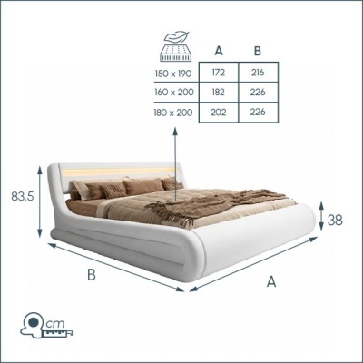 Cama estofada branca com cabeceira iluminada e roupa de cama castanha com dimensões e tabela de tamanhos.
