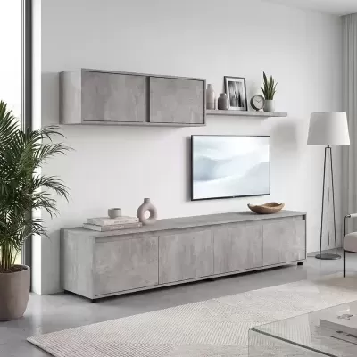 Móvel de sala de estar cinza com textura de cimento e decoração minimalista
