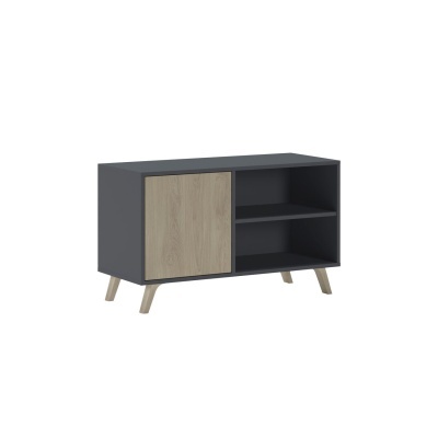 Móvel de armazenamento cinzento e madeira clara com uma porta e duas prateleiras abertas