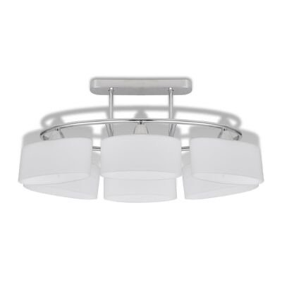 Candeeiro de teto cromado com três abajures brancos cilíndricos em tecido