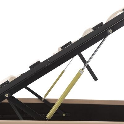 Cama articulada com estrutura metálica preta, pistões hidráulicos amarelos e colchão bege