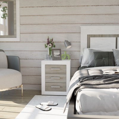 Mesa de cabeceira branca e cinza com duas gavetas ao lado de cama cinza