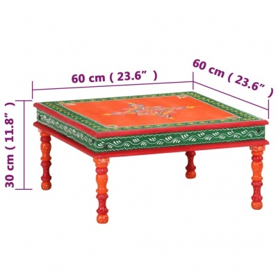 Mesa quadrada decorativa vermelha e verde com pernas torneadas e detalhes florais