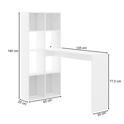 escrivaninha branca com prateleiras e medidas indicadas