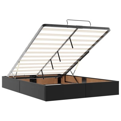 Cama caixa de arrumação preta com estrutura metálica e ripas de madeira