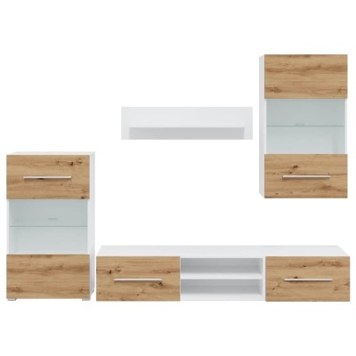 Conjunto de móveis para sala madeira clara e branco com portas de vidro