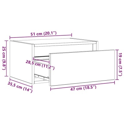 Móvel branco com gaveta aberta e dimensões medidas