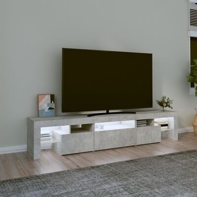 Consola de televisão cinza estilo moderno com TV, moldura e planta ao lado numa sala clara