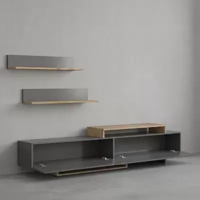 Móveis modernos de parede cinza com detalhes em madeira clara numa divisão cinzenta