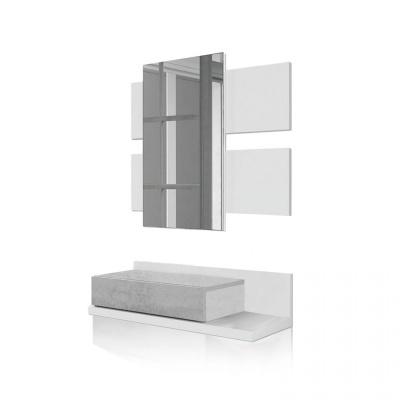 Conjunto móvel casa de banho com espelho metálico, lavatório cinza e base branca