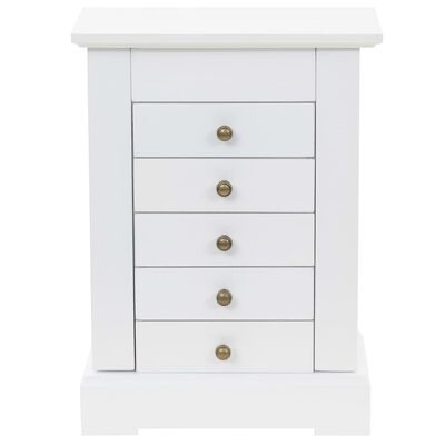 Móvel branco com cinco gavetas e puxadores dourados