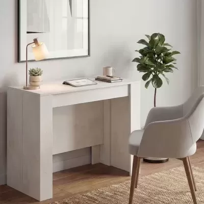 Escrivaninha branca com abajur, planta suculenta, cadernos e cadeira cinza numa sala moderna