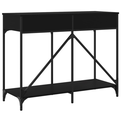 Aparador preto de metal com prateleira e suporte diagonal.