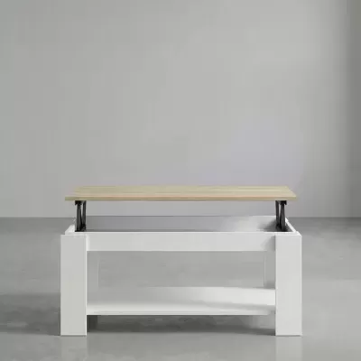 Mesa de centro branca com tampo de madeira clara elevável