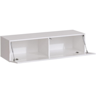 Estante de parede branca com duas divisórias e porta frontal articulada aberta