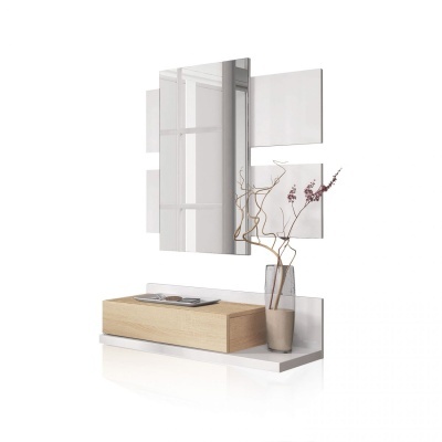Móvel de parede com prateleira branca, caixa de madeira clara, espelho e painéis espelhados decorativos