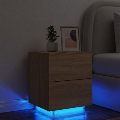 Mesa de cabeceira em madeira com luz LED azul junto a cama