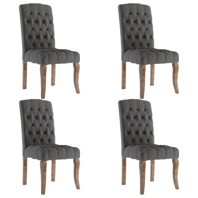 Quatro cadeiras estofadas cinzentas com capitonê e pernas de madeira clara