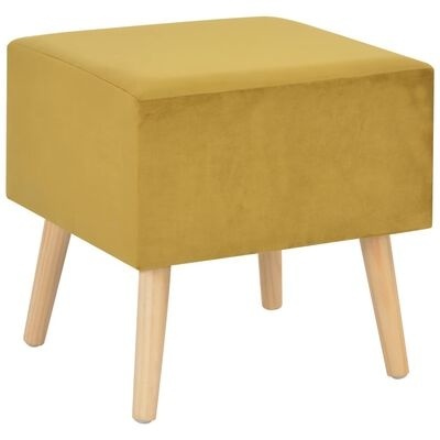 Pufe quadrado amarelo com pernas de madeira clara