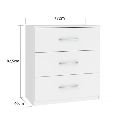 Cômoda branca de três gavetas com puxadores metálicos e dimensões indicadas
