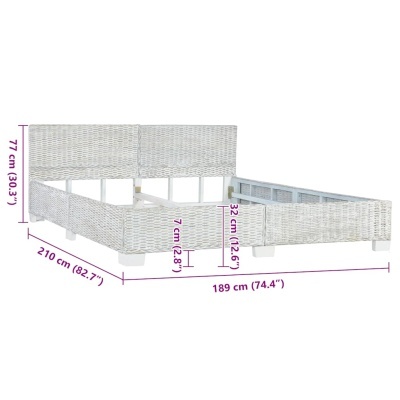 Cama de rattan sintético branco com medidas em cm e polegadas