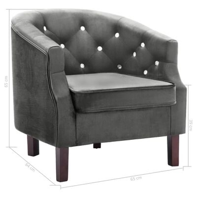 Poltrona de veludo cinza escuro com botões brilhantes e pernas de madeira