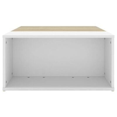 Móvel cubo aberto com estrutura branca e tampo em madeira clara