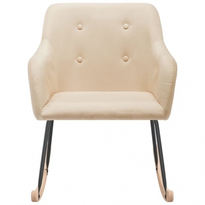 Cadeira de baloiço estofada bege com pernas metálicas e bases de madeira