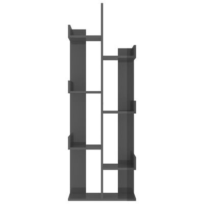 Estante alta cinzenta com seis compartimentos e laterais elevadas