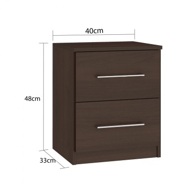 Móvel castanho escuro com duas gavetas e puxadores metálicos