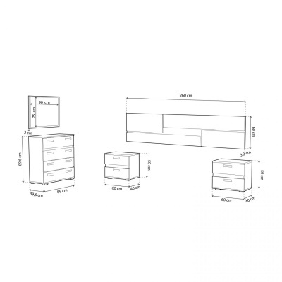 Desenho técnico em linha de conjunto de móveis com cômoda, mesas de cabeceira e prateleira com medidas
