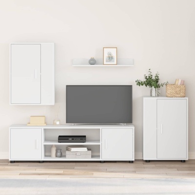 Móvel TV branco moderno com prateleira, armários e decoração em sala clara