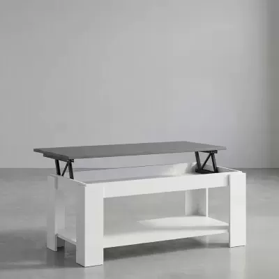 Mesa de centro com tampo elevatório cinza e estrutura branca