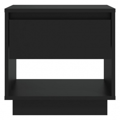 Mesa de cabeceira preta com gaveta e espaço aberto