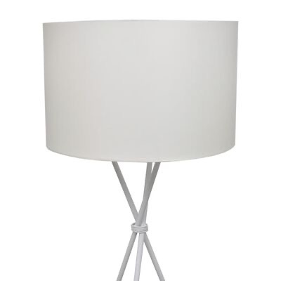 Candeeiro de mesa branco com base metálica tripé e cúpula de tecido