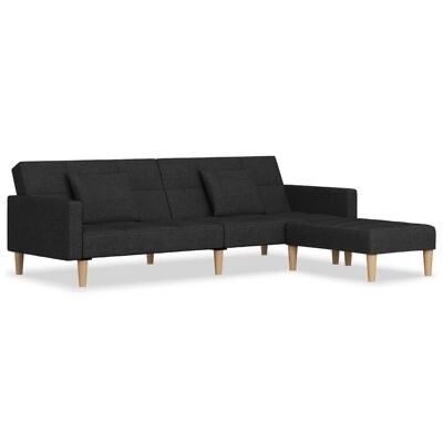 Sofá chaise longue modular preto com pés de madeira clara