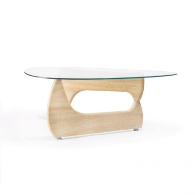 Mesa de centro com tampo oval em vidro transparente e base em madeira clara