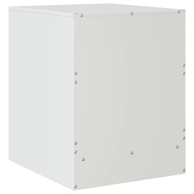 Caixa cúbica branca metálica com parafusos visíveis