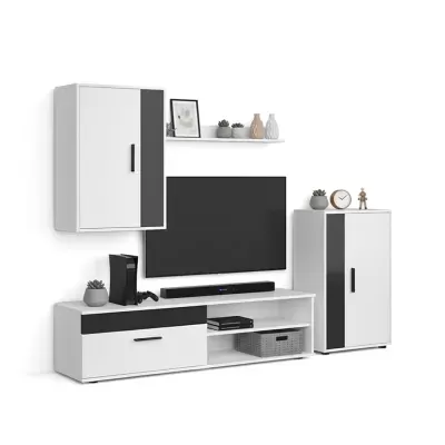 Conjunto de móveis para sala brancos com detalhes pretos, decorados com vasos, relógio e figura, com televisão e acessórios eletrônicos.