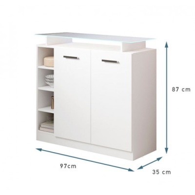 Armário branco com portas, prateleiras abertas e puxadores metálicos, com dimensões 97x87x35 cm