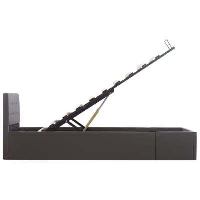 Cama cinzenta com cabeceira acolchoada e estrutura com elevação hidráulica