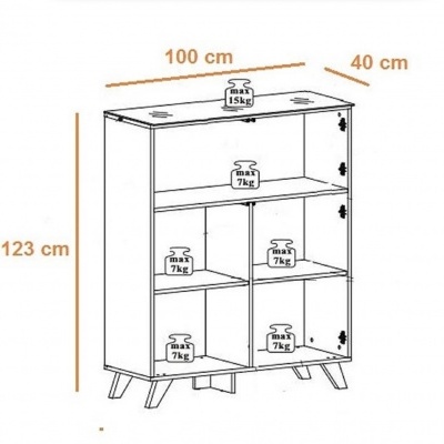 Móvel branco com várias prateleiras e medidas indicadas
