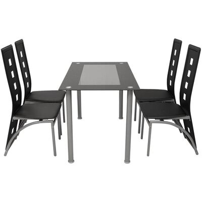 Conjunto de mesa de jantar com tampo de vidro fumado e quatro cadeiras pretas com recortes no encosto