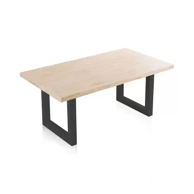 Mesa retangular de madeira com pernas pretas, fundo branco