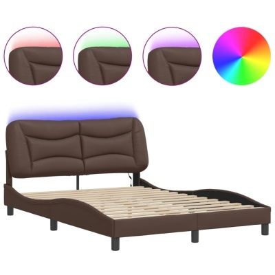 Cama com cabeceira estofada castanha e luzes LED coloridas