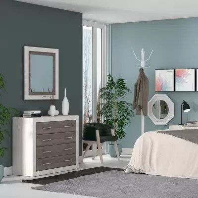 Quarto moderno com cómoda, espelho, cadeira, plantas e cabide com casaco