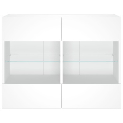 Móvel de parede branco com portas e prateleiras de vidro