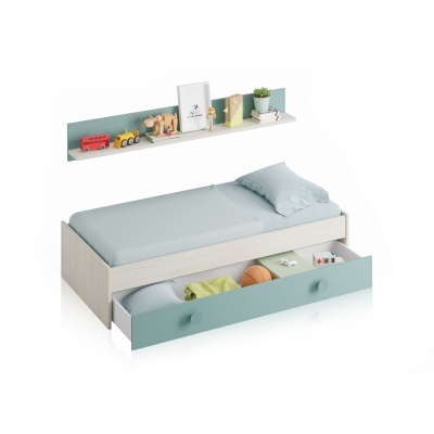 cama individual com gaveta azul e prateleira azul clara com brinquedos